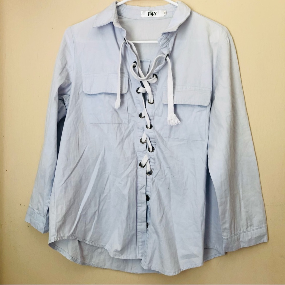 F4Y light blue lace up button down top